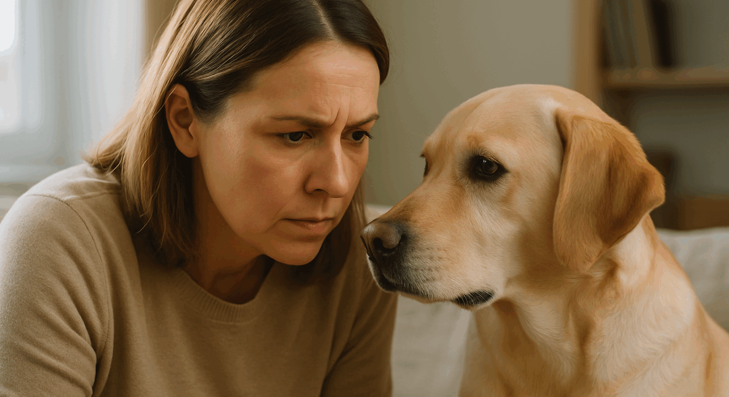 mujer observando con atención a su perro en casa