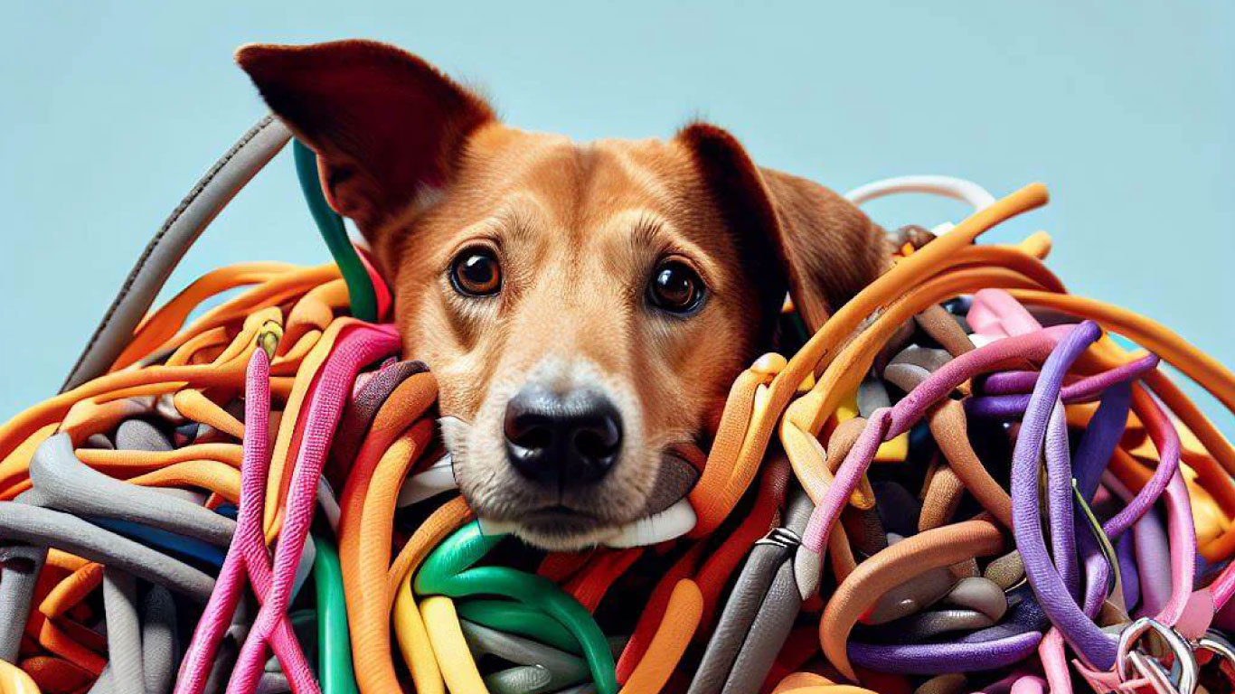 perro cubierto con cordones de colores dejando visible solo la cabeza