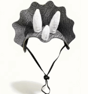 Disfraz de dinosaurio triceratops para perros en color gris con cuernos blancos