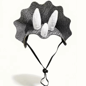Disfraz de dinosaurio triceratops para perros en color gris con cuernos blancos